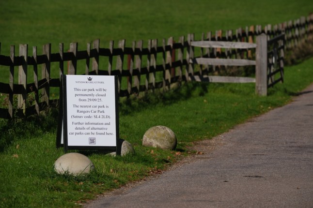 A sign advising of the permanent closures of Cranborne Gate car park in Windsor Great Park, Berkshire, where preparations are underway for the Prince and Princess of Wales to move to the eight-bedroom Forest Lodge property with their children George, Charlotte and Louis. Picture date: Monday September 29, 2025. PA Photo. Photo credit should read: Jonathan Brady/PA Wire
