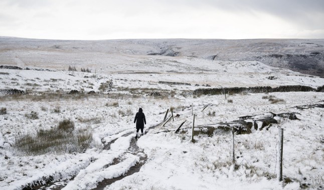 A woman walking her dog along a snow-covered hill path in the UK countryside.