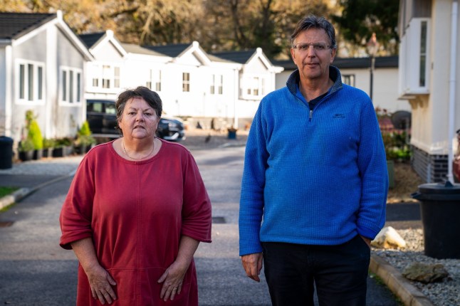 Lynne Watts and Chris Griffiths at Devon Oaks the park home site in Dartmoor. // Mulitple elderly and vulnerable residents face being made homeless after being 'misold' park homes that didn't have the right planning consent. Residents of Devon Oaks bought their homes after they were marked as 'main residences' despite the landlord not having the legal rights to do so. They are now fighting to stave off eviction and enforcement action after claiming they are innocent parties in a planning row between the original landowner and the council. Many bought the park homes next to the River Walkham in Dartmoor for more than ??200,000, on the basis that they could live in them for 11 months of the year, which would be extended to 12 months, with a 35 year lease. Photo released 30/11/2025