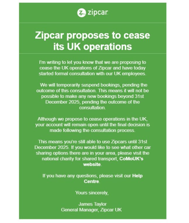Zipcar proposes to cease its UK operations