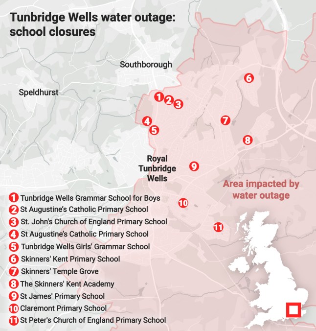 METRPO GRAPHICS Tunbridge Wells Water Outage Schools Map