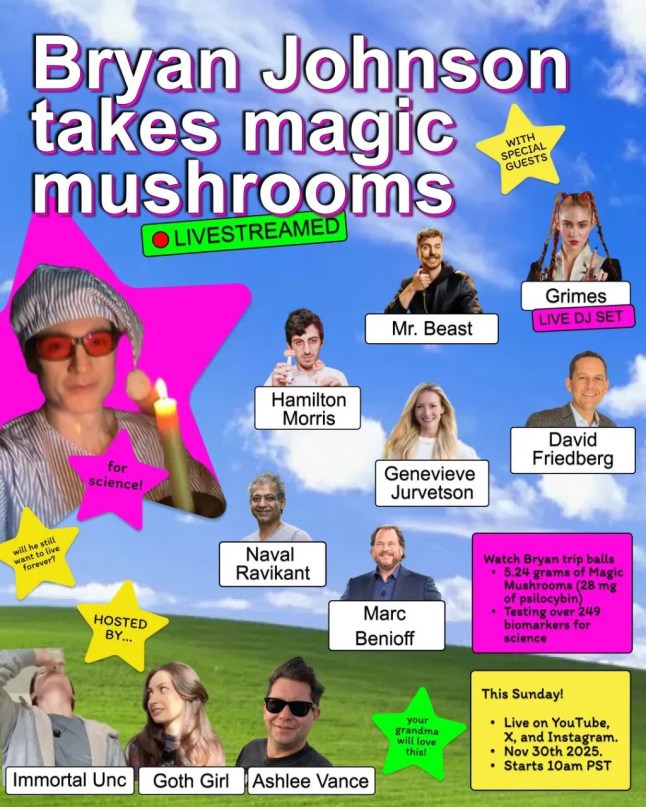 Millionaire who wants to live forever live streams himself tripping on magic mushrooms
