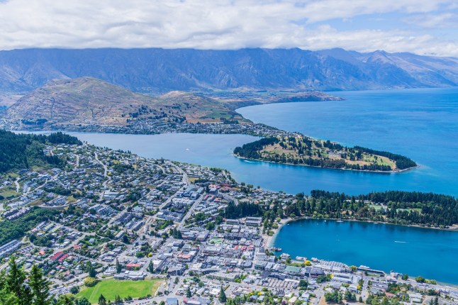 An aerial view of Christchurch and Lake Wakatipu taken from Bob???s Peak overlooking the city, with New Zealand???s Southern Alps in the background.