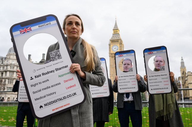 2025-12-08, London, UK. Silkie Carlo, Director of Big Brother Watch is pictured in Parliament Square today demonstrating against the imposition of digital ID ahead of the debate in the House of Commons tonight.