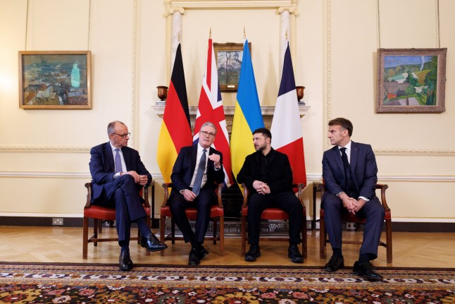 Mandatory Credit: Photo by Xinhua/Shutterstock (16053710a) British Prime Minister Keir Starmer (2nd L), Ukrainian President Volodymyr Zelensky (2nd R), French President Emmanuel Macron (1st R) and German Chancellor Friedrich Merz make remarks as they meet in 10 Downing Street in London, Britain, Dec. 8, 2025. Britain London French Germany Ukraine Leaders Meeting - 08 Dec 2025
