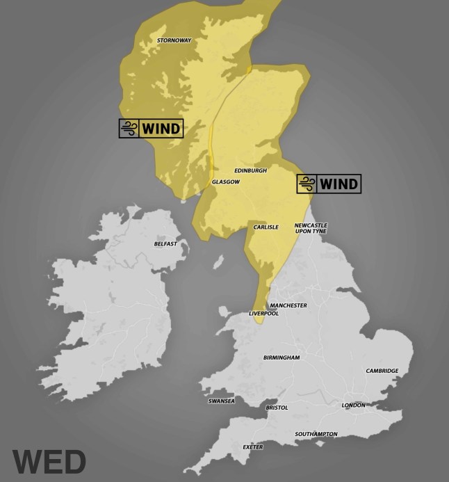 Metro weather warning map showing yellow warnings in place.