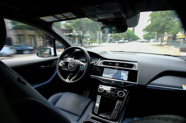 28 MAY 2025, Austin, TX, USA - Inside of a Waymo autonamous taxi car during a ride arouns Austin Texas