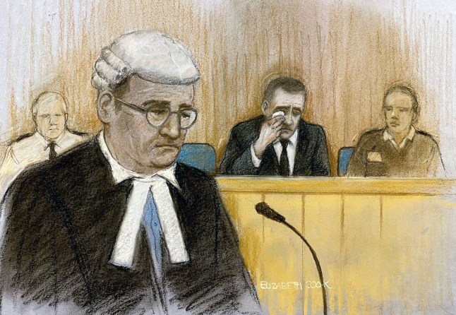 Court artist sketch by Elizabeth Cook of prosecution counsel Paul Greaney KC speaking as Paul Doyle, wipes away tears as he appears at Liverpool Crown Court for sentencing on 31 offences after seriously injuring people by driving into football fans celebrating Liverpool's victory parade on May 26. Doyle, 54, admitted dangerous driving, affray, 17 charges of attempting to cause grievous bodily harm (GBH) with intent, nine counts of causing GBH with intent and three counts of wounding with intent. Picture date: Monday December 15, 2025. PA Photo. Photo credit should read: Elizabeth Cook/PA Wire
