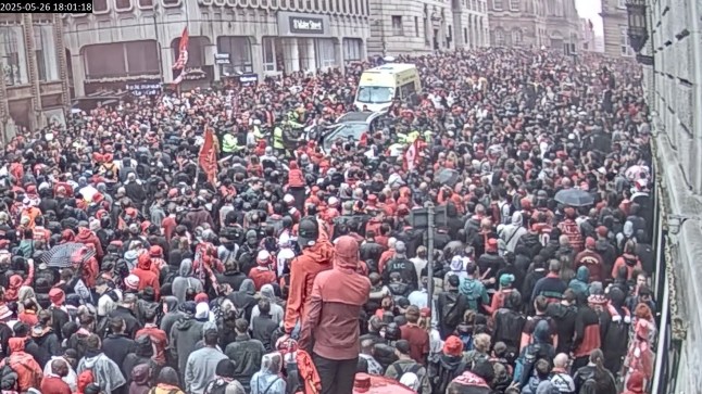 Screen grab taken from video footage issued by Merseyside Police dated 26/05/25 of Paul Doyle's car (top centre) being driven through crowd on Water Street. Paul Doyle, 54, has been sentenced at Liverpool Crown Court to 21 years and six months in prison after he drove into crowds at Liverpool FC's victory parade on May 26, injuring 134 supporters. Issue date: Tuesday December 16, 2025. PA Photo. Doyle, 54, admitted dangerous driving, affray, 17 charges of attempting to cause grievous bodily harm (GBH) with intent, nine counts of causing GBH with intent and three counts of wounding with intent. Photo credit should read: Merseyside Police/PA Wire NOTE TO EDITORS: This handout photo may only be used for editorial reporting purposes for the contemporaneous illustration of events, things or the people in the image or facts mentioned in the caption. Reuse of the picture may require further permission from the copyright holder.