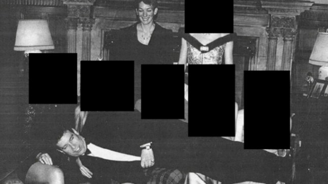 Undated handout photo issued by the US Department of Justice of a photograph appearing to show Andrew Mountbatten-Windsor reclining across the laps of five people has been released in the latest tranche of Epstein files. He appears to be smiling with his eyes closed and his head nearly resting on a woman's lap while Ghislaine Maxwell stands above peering and smiling in the undated picture.