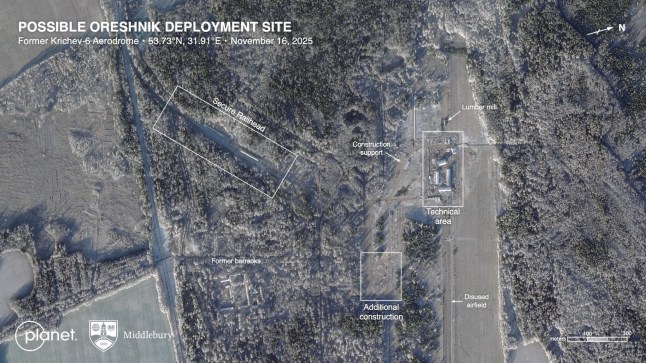 A satellite image from Planet Labs taken November 16, 2025 shows where U.S. researchers believe that Russia is likely stationing its new nuclear-capable Oreshnik hypersonic cruise missile at the disused airbase Krichev in eastern Belarus near Russia's border. Planet Labs/Middlebury/Handout via REUTERS THIS IMAGE HAS BEEN SUPPLIED BY A THIRD PARTY. MANDATORY CREDIT