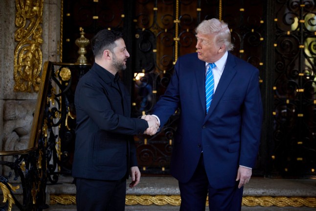 Ukrainian President Volodymyr Zelensky shakes hands with US President Donald Trump