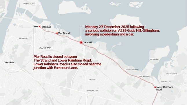 A graphic of the A289 in Gillingham, Kent outlining a collision involving a pedestrian and a car