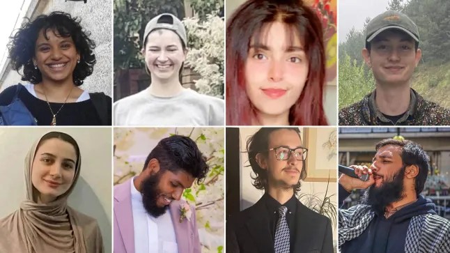 From top left: Qesser Zuhrah, Amu Gib, Heba Muraisi, Jon Cink, Teuta Hoxha, Kamran Ahmed, Lewie Chiaramello and Muhammed Umer Khalid (Picture: Prisoners for Palestine)