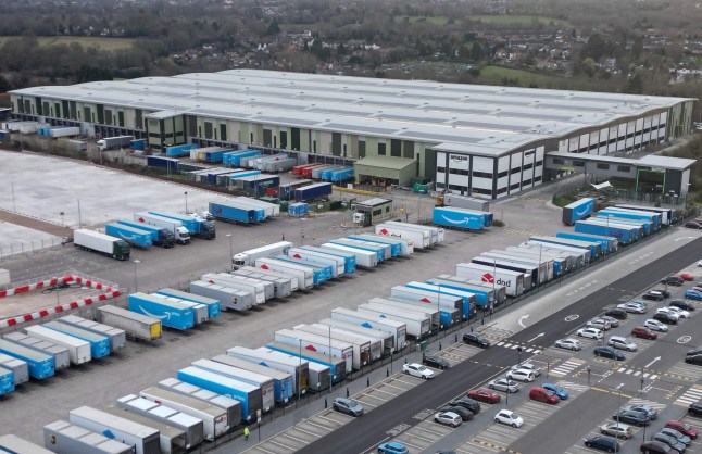 An aerial view of the Amazon fulfilment centre in Coventry, central England on March 2, 2023, where some workers are continuing their strike for better pay. - Workers are protesting against levels of pay, but also against other conditions including target-led performance measures set by an algorithm. (Photo by Darren Staples / AFP) (Photo by DARREN STAPLES/AFP via Getty Images)
