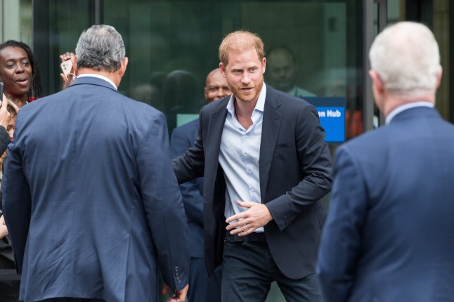 Wide shot of Prince Harry surrounded by men in suits