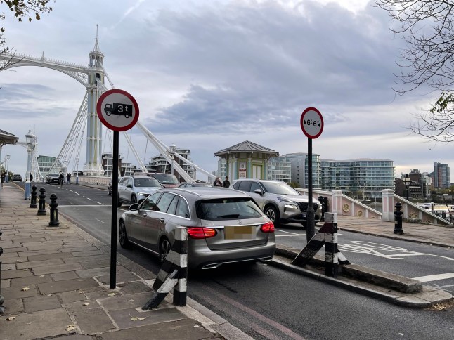 A car about to enter Albert Bridge in London.