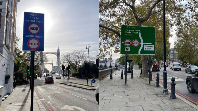 Road signage near Albert Bridge in London warning about the weight and width restriction