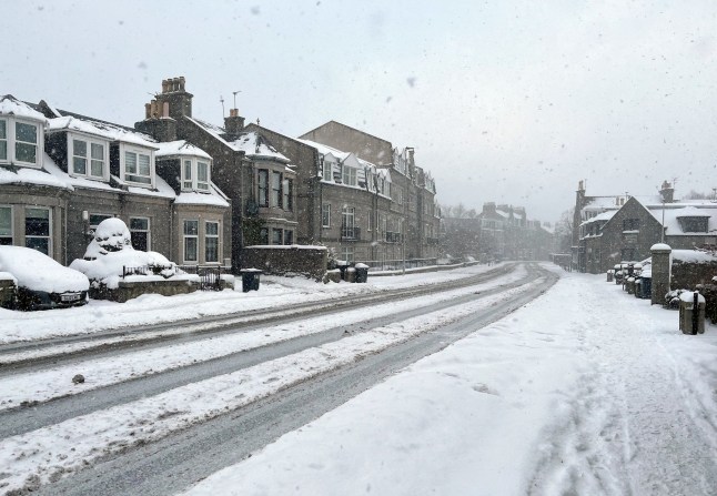 Wide shot of a road and a row of houses covered in snow