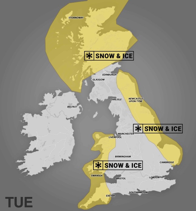 Tuesday snow weather warning map