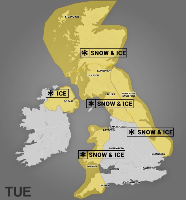 WEATHER WARNING MAP METRO GRAPHICS TUESDAY 6TH JANUARY 2026
