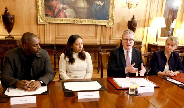 LONDON, ENGLAND - SEPTEMBER 9: Campaigners Idris Elba and Yemi Hughes attend a knife crime summit with Prime Minister Sir Keir Starmer and Home Secretary Yvette Cooper at 10 Downing Street on September 9, 2024 in London, England. Prime Minister Keir Starmer invited the actor and anti-knife crime campaigner Idris Elba to what's being referred to as the first annual knife crime summit at Downing Street. (Photo by WPA Pool/Getty Images)