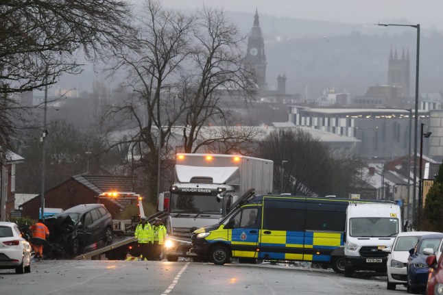 The scene at Wigan Road, Bolton where emergency services have been dealing with a serious RTC. The road is reported to have been closed between Deane Church Lane and Bankfield Street Photo released 11/01/2026